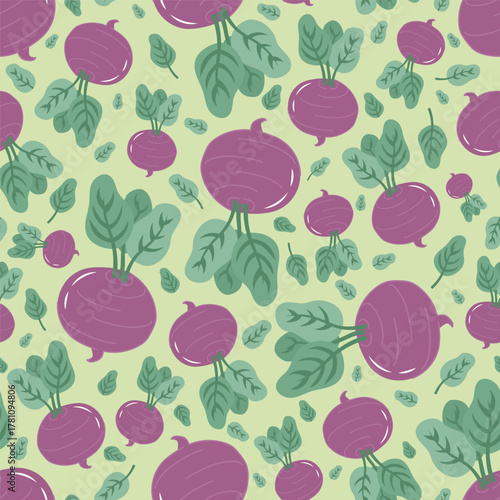 Cartoon beet seamless pattern. Hand drawn vegetable with leaves. Organic food, healthy eating. Flat vector illustration.