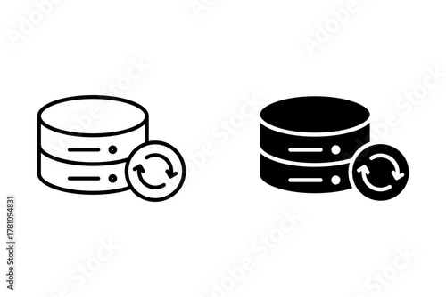 A black icon bundle featuring database refresh elements for syncing information and renewing digital processes.