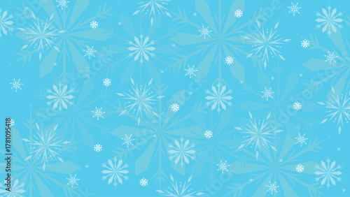 Snowflakes background on soft blue, varied shapes and sizes, delicate icy textures, gentle snowfall, winter wallpaper, light cold tones, abstract snow decoration