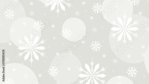 White snowflakes background on soft gray-white, varied delicate shapes, light icy textures, subtle snowfall, winter abstract wallpaper, gentle cold tones
