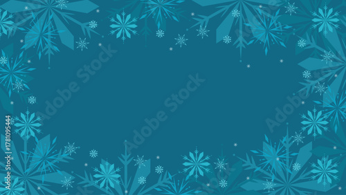 Dark blue snowflakes frame background, decorative winter border, empty central space, subtle snowfall, icy abstract design, festive winter wallpaper
