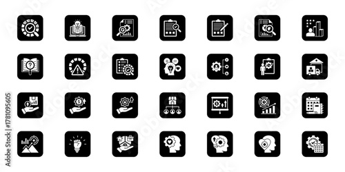 Evaluation and review   Cohesive set of minimalist vector icons representing key ideas with visual clarity