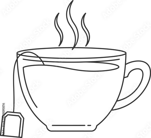 Steaming hot tea cup with teabag line art vector illustration drink