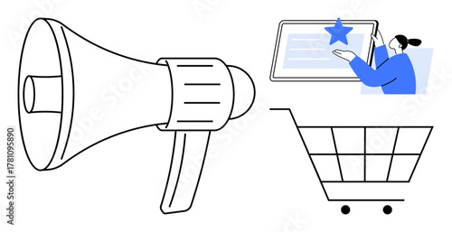 Megaphone for promotion, user engaging with star-rated digital content, and shopping cart. Ideal for marketing, e-commerce, customer reviews, advertising, online business, branding simple flat