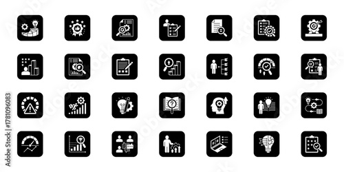 Performance evaluation framework Cohesive set of minimalist vector icons representing key ideas with visual clarity