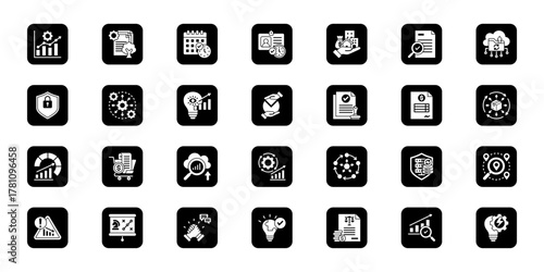 Smart workflow execution Cohesive set of minimalist vector icons representing key ideas with visual clarity