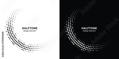 Halftone Circular Dot Pattern. Circle Frame using Halftone Dots Raster Texture. Polka Dots. Spiral logo Icon. Radial design element. Vector Illustration.