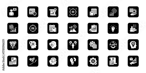 Personal growth plan   Cohesive set of minimalist vector icons representing key ideas with visual clarity