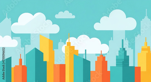 Modern Cityscape Flat Design with Skyscrapers and Clouds Vector Illustration