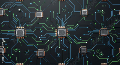 Futuristic Circuit Board with Microchips and Glowing Traces Technology