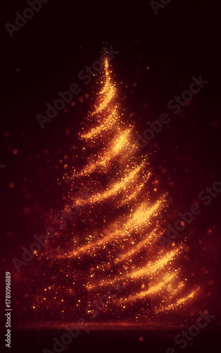Glowing golden Christmas tree made of sparkling lights — festive and elegant holiday background with a dark red gradient backdrop symbolizing warmth, celebration, and New Year spirit