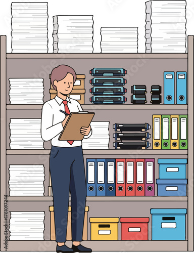 Office worker reviewing documents on a tablet in a well-organized office storage room with shelves full of binders and files