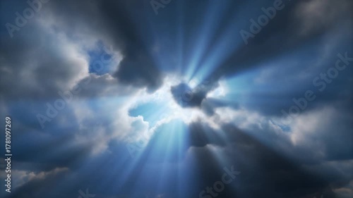 Sunbeams breaking through dramatic clouds, creating a hopeful and awe-inspiring celestial spectacle, symbolizing divine light and spiritual awakening
