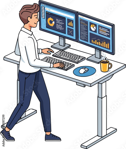 Man working on computer at desk with coffee, standing and analyzing data on multiple screens.eps