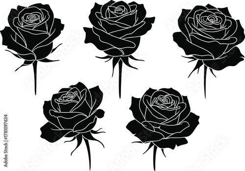 Elegant black rose silhouette collection, detailed floral vector illustration design for decoration, tattoo art, romance theme, botanical flower graphic elements, isolated on white background