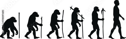 Evolution of humans, from ape to modern man with tools, silhouette vector illustration depicting stages of human evolution and development
