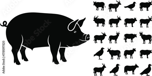 Farm animal silhouettes vector, pig, cow, goat, bird, ox, livestock icons, agriculture design elements, domestic animals illustration, rural farming artwork