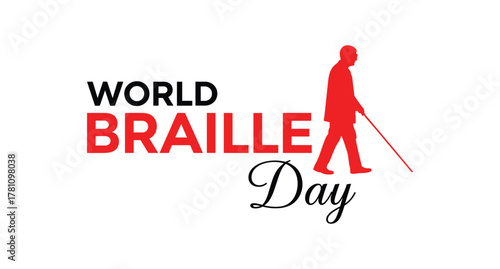 Editable World Braille Day template – visually impaired person walking with cane illustration