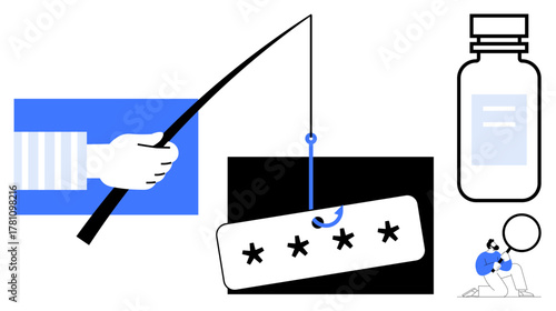 Hand holding phishing hook with password, glass vial, and person examining data. Ideal for cybersecurity, fraud prevention, hacking, online theft, data protection, awareness campaigns simple flat
