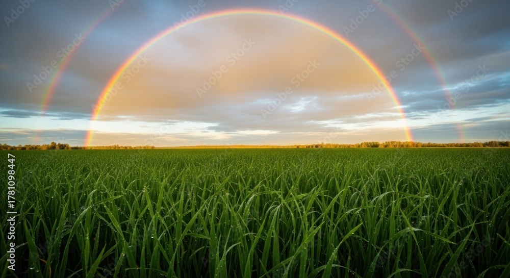 Naklejka premium A vibrant rainbow arches over a lush green field, casting a warm glow over the landscape.