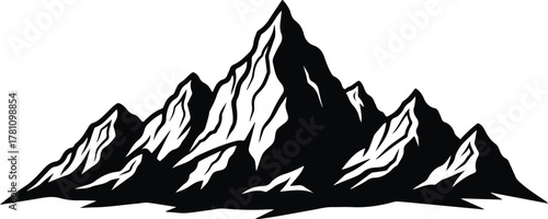 Black and white illustration of majestic mountains with sharp peaks and rugged terrain
