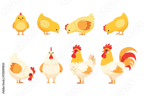 Cartoon chickens, hens, roosters, and chicks set illustration