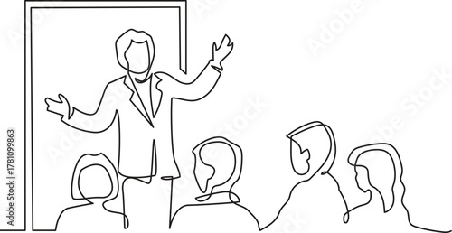Continuous Line Drawing of a Business Presentation Scene - One Line Art of a Speaker Addressing an Audience