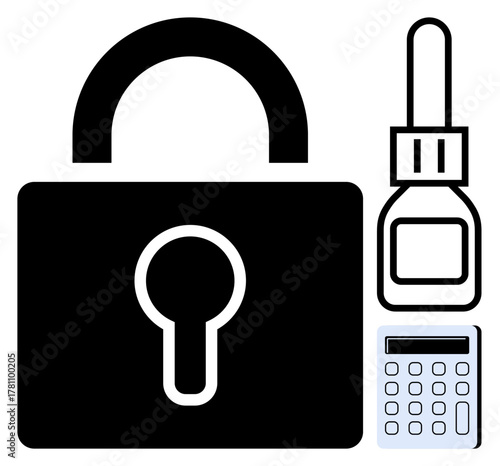 Padlock, security token with keyhole, and calculator symbolizing encryption, two-factor authentication, and data protection. Ideal for cybersecurity, data privacy, authentication, technology