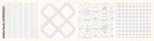 Hand drawn cottage core seamless pattern collection with a charming whimsical floral and ribbon bow design. Soft blue pastel and nostalgic print. Perfect for textiles and romantic vintage decor.