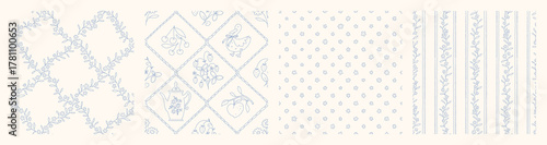 Hand drawn cottage core seamless pattern collection with a charming whimsical floral and ribbon bow design. Soft blue pastel and nostalgic print. Perfect for textiles and romantic vintage decor.