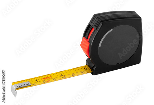 A sturdy measuring tool sits on a plain surface, its yellow tape extended to show accurate measurements. Ideal for builders or DIY enthusiasts in any project