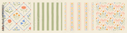 Hand drawn coquette seamless pattern collection with a charming floral whimsical design. Soft, pastel and nostalgic, perfect for textiles, wallpaper, wrapping paper and romantic vintage decor.