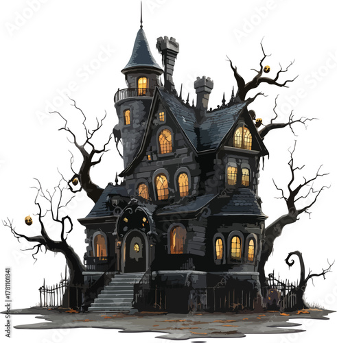 Spooky Haunted House with Glowing Windows and Bare Trees.