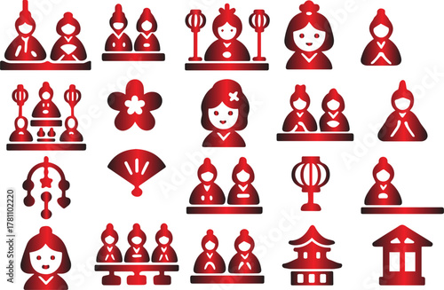 Traditional Japanese Hina Dolls Icon Set Celebration of Girl's Day with Royalty, Flowers, and Cultural Symbols