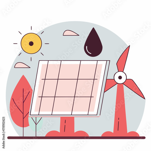 Eco panel icon with wind turbine and water drop on a transparent background