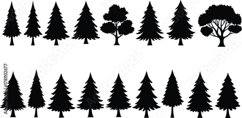 Black forest pine and deciduous tree silhouettes collection, evergreen and leafy tree set isolated on white background, nature vector illustration design