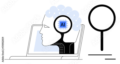 Human face with brain illustration and AI chip on a laptop, magnifier symbolizing exploration. Ideal for AI, technology, creativity, research, future, machine learning innovation. Simple flat