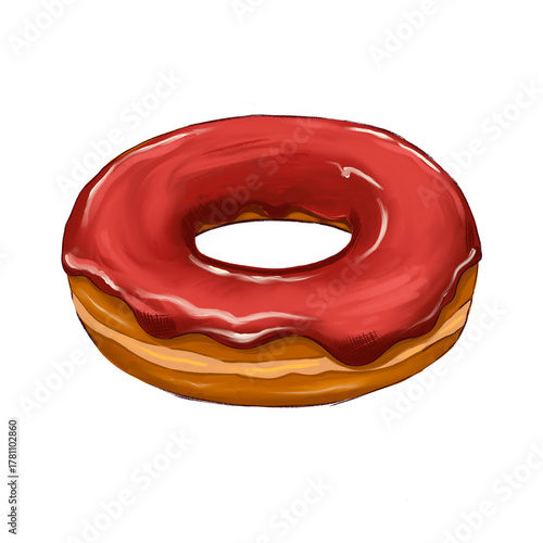 Delicious donut with red icing on a light background