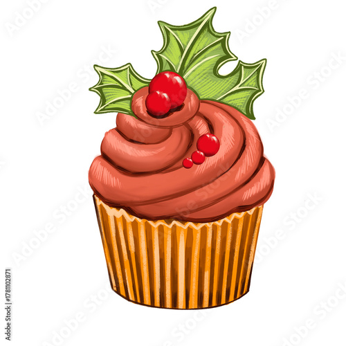 Delicious cupcake decorated with holiday frosting and berries