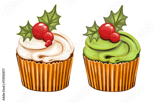 Colorful holiday cupcakes with festive decorations for celebration