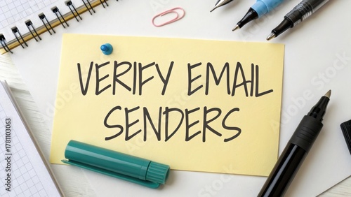 Verify Email Senders Note on Desk with Office Supplies and Tools