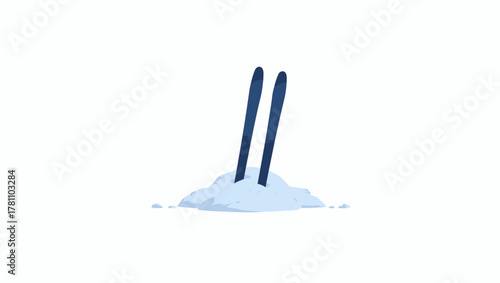 Dark blue skis stuck in snow upright on white minimal background winter outdoor concept