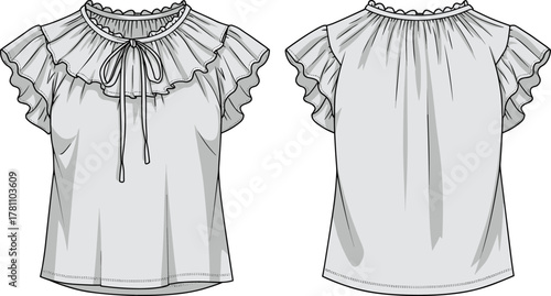 Women ruffle blouse flat sketch, short sleeve top with tie neck, fashion design technical drawing for clothing and apparel template