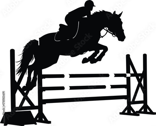Silhouette of horse jumping with rider, equestrian sport competition, show jumping event, horse training illustration, professional riding vector design