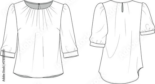 Women puff sleeve blouse flat sketch, gathered neckline fashion top design, elegant technical drawing for apparel and clothing template