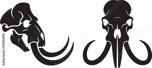 Mammoth Skull Silhouette Set Front and Side View Vector Illustration 