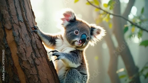 A cute koala clinging to a tree trunk in a forest with sunlight streaming through the leaves above koala video
