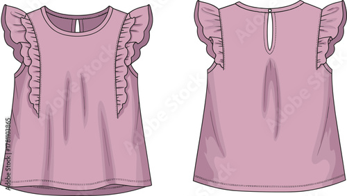 Pink ruffle sleeve blouse flat sketch, sleeveless women top fashion illustration, elegant girly clothing technical drawing for design template