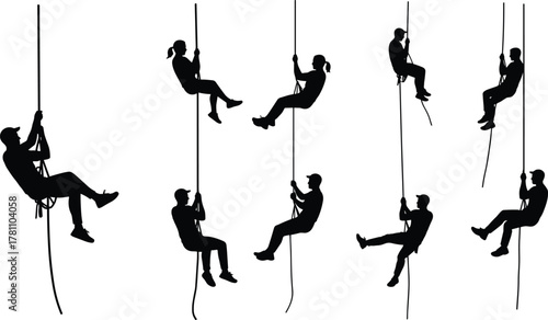 Silhouette of people climbing ropes, teamwork adventure training, fitness strength exercise, outdoor challenge activity, motivation, endurance, balance, sports, achievement