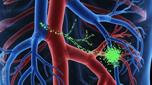 Detailed medical illustration of human circulatory system with arteries and veins